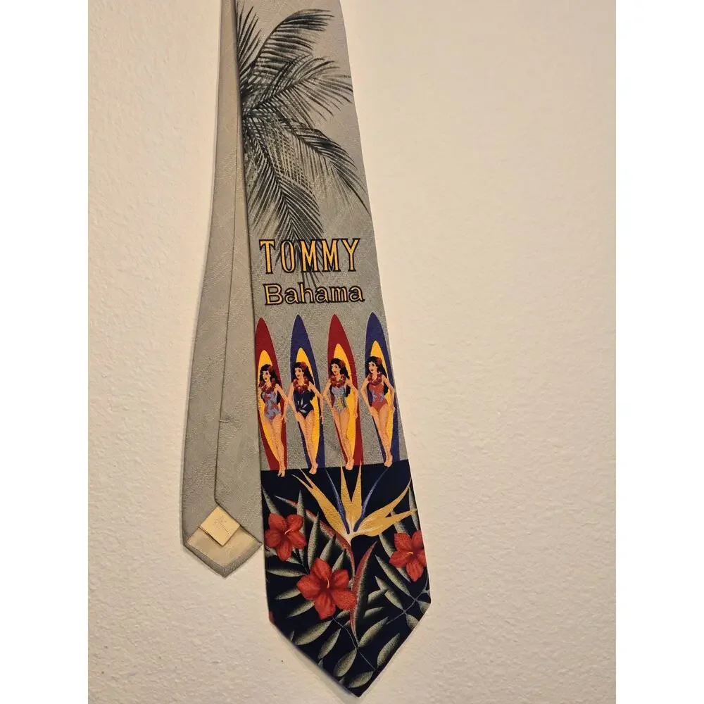 Tommy Bahama 100% Silk Necktie. Tropical Pinup girls and Surfboards